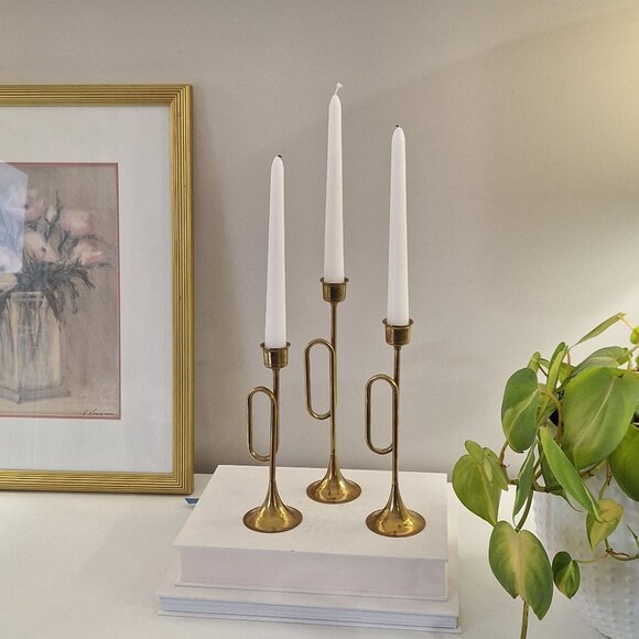 3 Vintage Brass Candle Holders Christmas horn taper candlestick - Picture 1 of 5